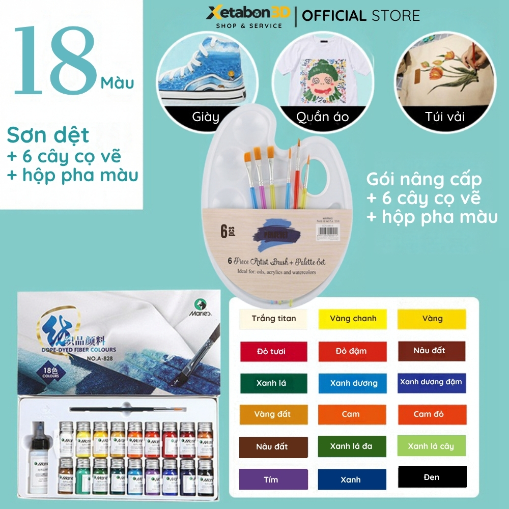 18 màu sơn + 6 cây cọ vẽ + bảng pha màu